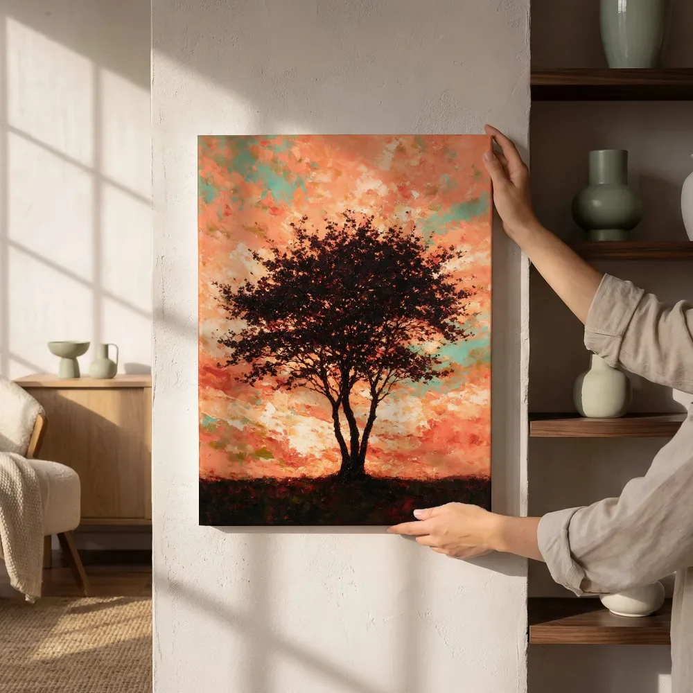 Sfeerimpressie: Kersenboom silhouet in licht koraal naast de kast