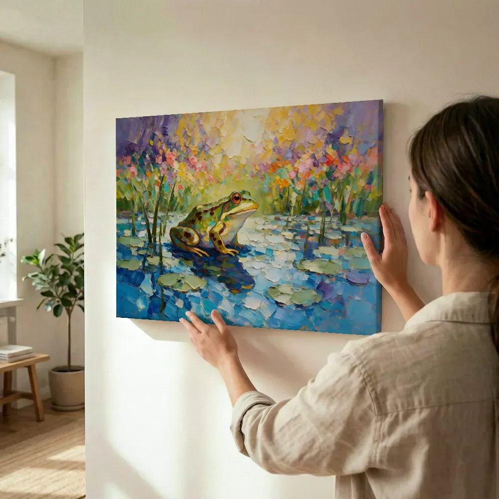 Sfeerimpressie: Kikker in pose in een bloementuin terwijl het wordt opgehangen