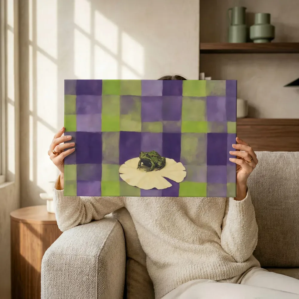 Sfeerimpressie: Kikker in violet en limoen terwijl het omhoog wordt gehouden
