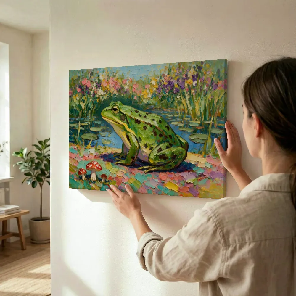 Sfeerimpressie: Kikker in warme pose in een bloementuin terwijl het wordt opgehangen