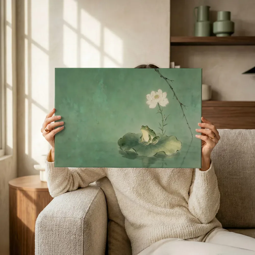 Sfeerimpressie: Kikker op een lotusblad in jade terwijl het omhoog wordt gehouden