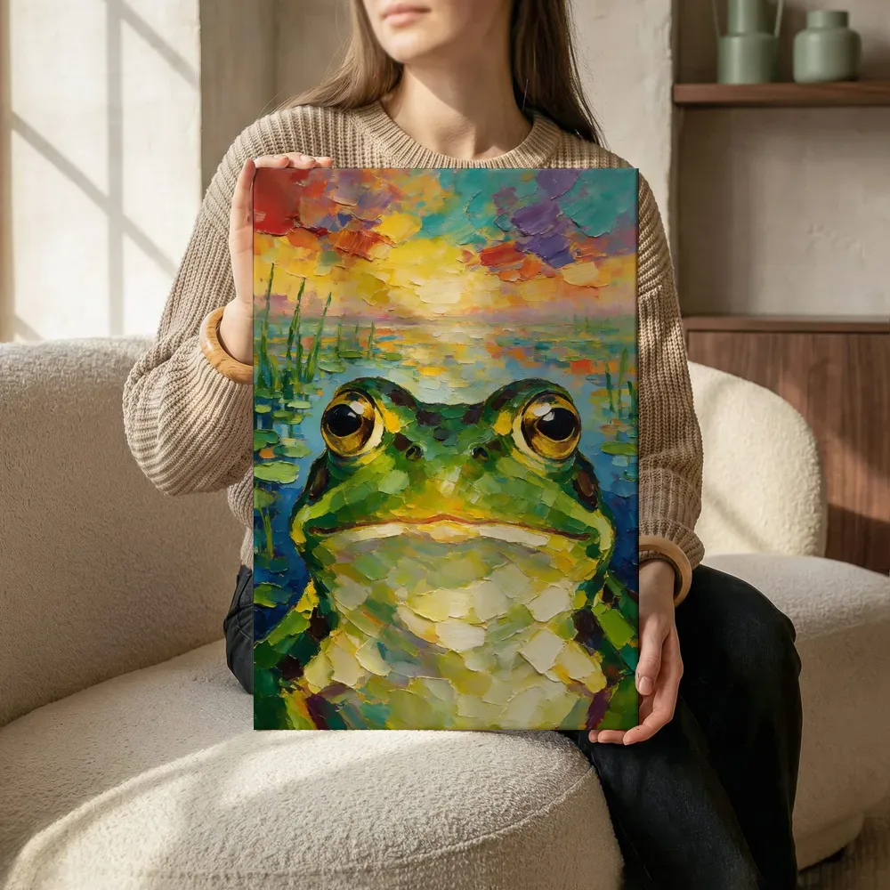 Sfeerimpressie: Kikker portret diep in de mist terwijl het aan de muur wordt gehangen