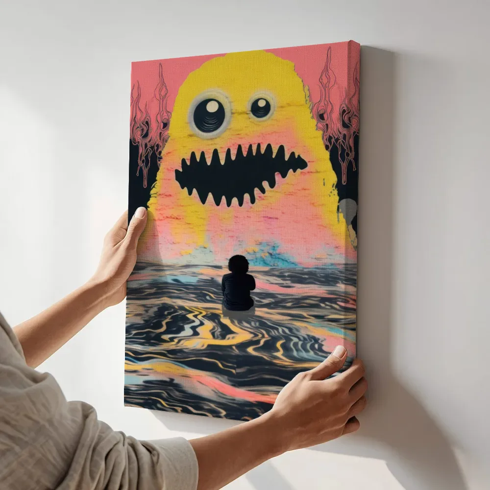 Sfeerimpressie: Kind en het gele monster terwijl het aan de muur wordt gehangen