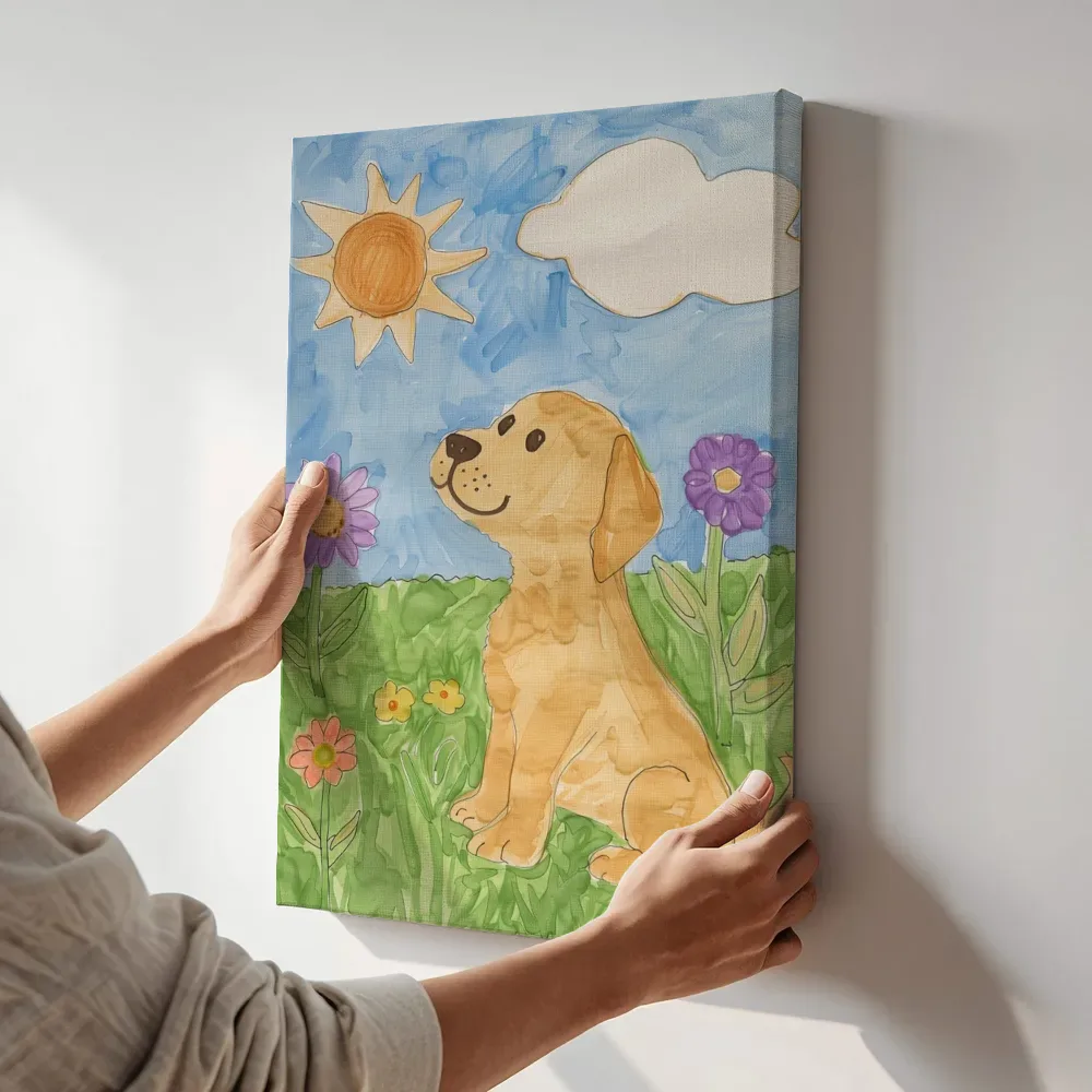 Sfeerimpressie: Puppy in de zonnige tuin terwijl het aan de muur wordt gehangen