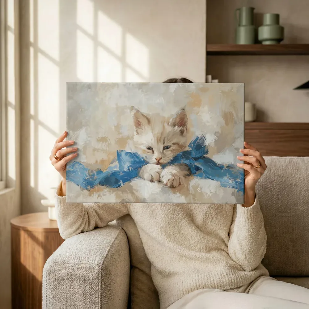 Sfeerimpressie: Kitten met blauw lint terwijl het omhoog wordt gehouden