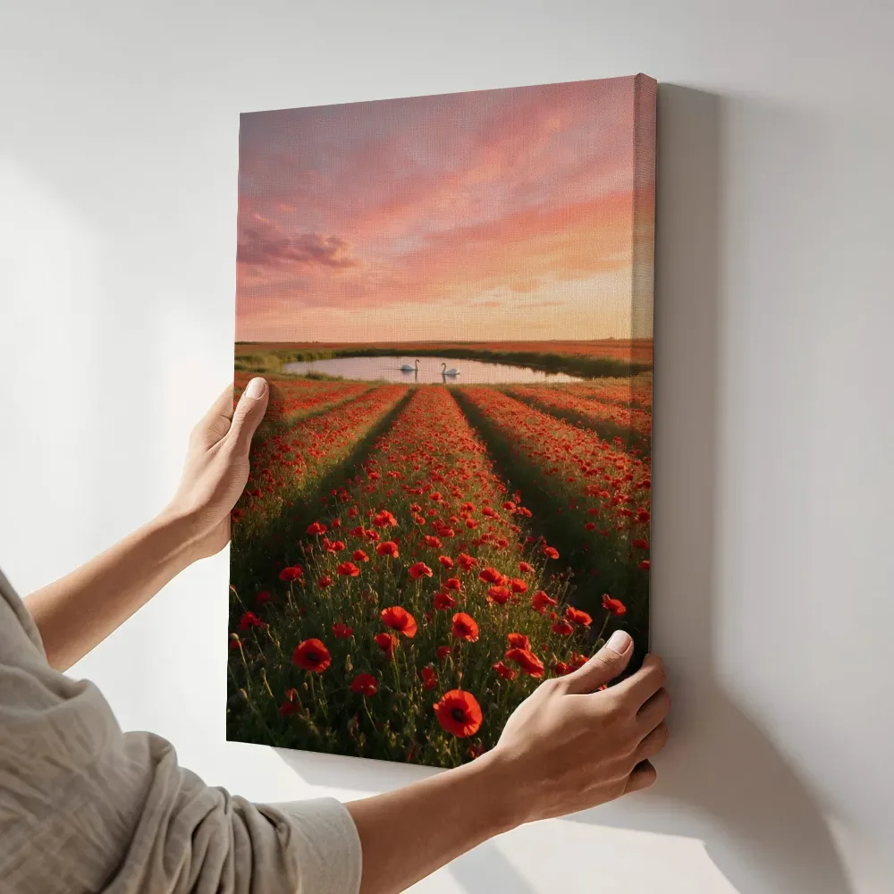 Sfeerimpressie: Klaprozen bij de zonsondergang 2 terwijl het aan de muur wordt gehangen