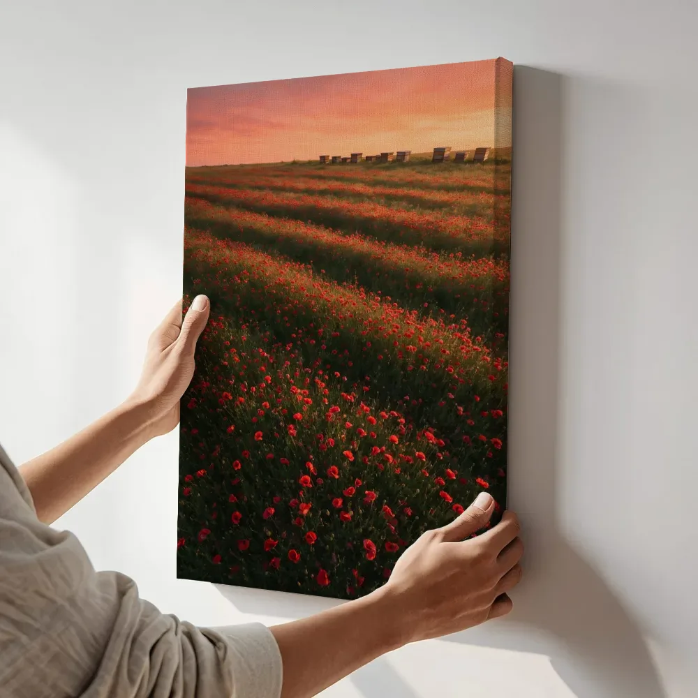 Sfeerimpressie: Klaprozen bij de zonsondergang 8 terwijl het aan de muur wordt gehangen