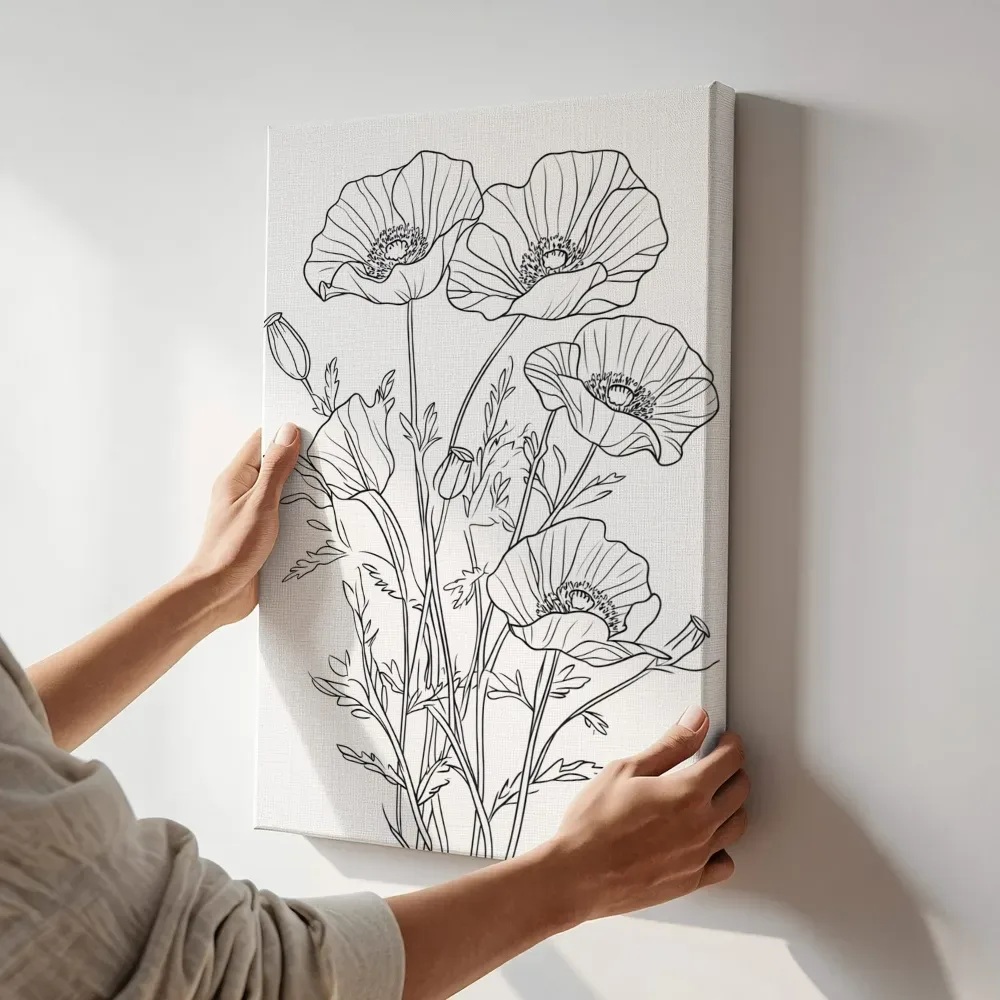 Sfeerimpressie: Klaprozen botanische lijntekening terwijl het aan de muur wordt gehangen