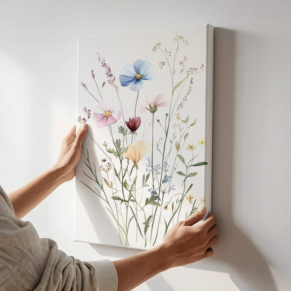 Sfeerimpressie: Klaprozen en lavendel veldboeket terwijl het aan de muur wordt gehangen