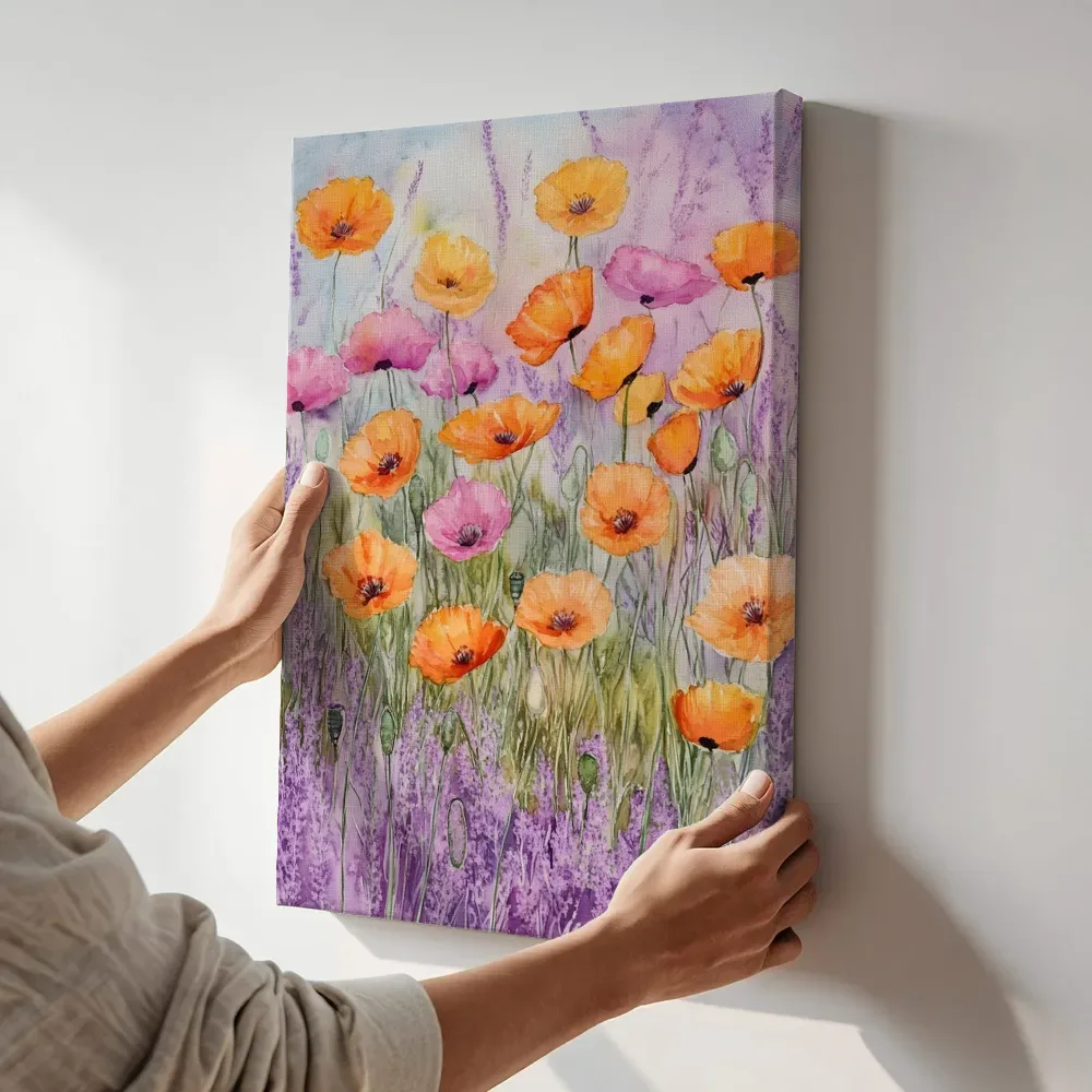 Sfeerimpressie: Klaprozen in lavendelveld terwijl het aan de muur wordt gehangen