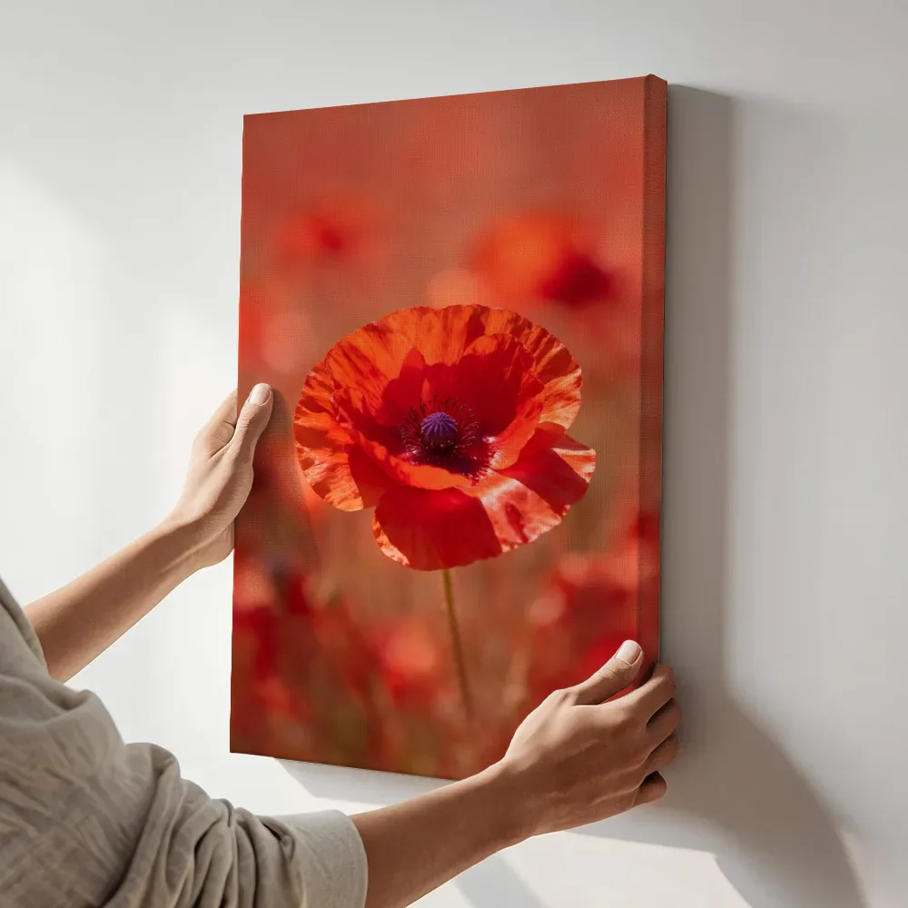 Sfeerimpressie: Klaprozen in volle zon, vuurrood 3 terwijl het aan de muur wordt gehangen
