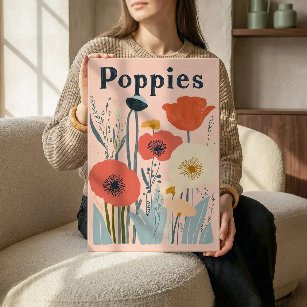 Sfeerimpressie: Klaprozen in warme kleuren poster terwijl het zittend wordt getoond