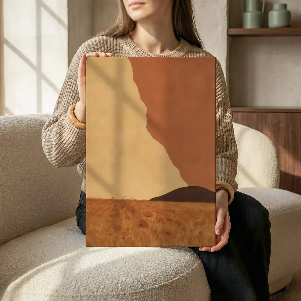 Sfeerimpressie: Abstract landschap in terracotta en zand terwijl het zittend wordt getoond