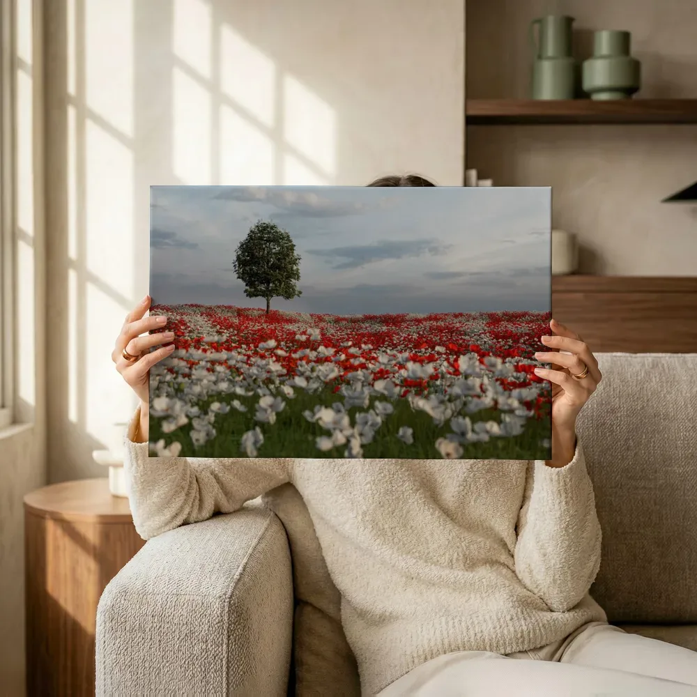Sfeerimpressie: Klaprozenveld met solitaire boom terwijl het omhoog wordt gehouden