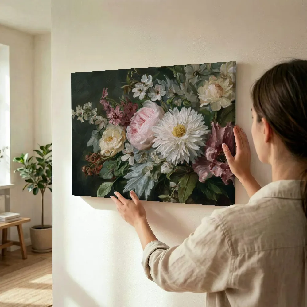Sfeerimpressie: Klassiek bloemenboeket op donkere achtergrond terwijl het wordt opgehangen