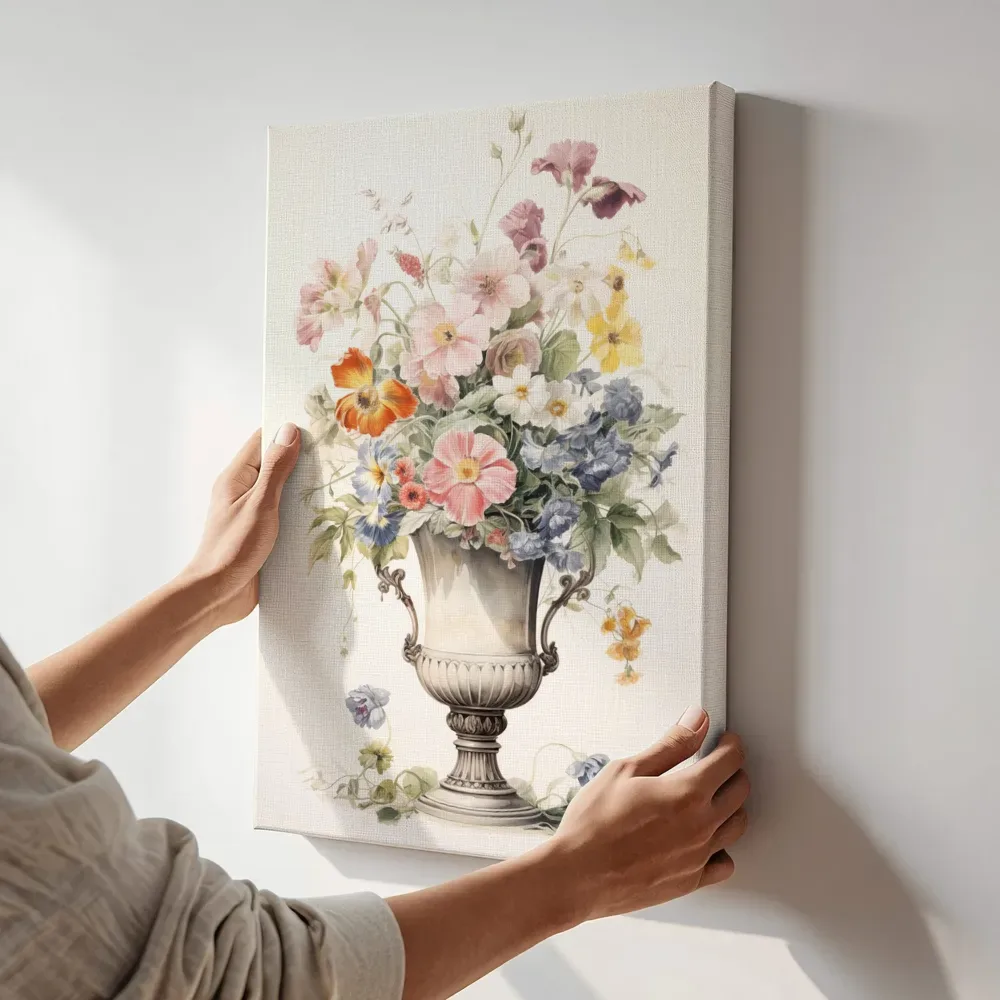 Sfeerimpressie: Klassiek boeket in sierlijke urn terwijl het aan de muur wordt gehangen