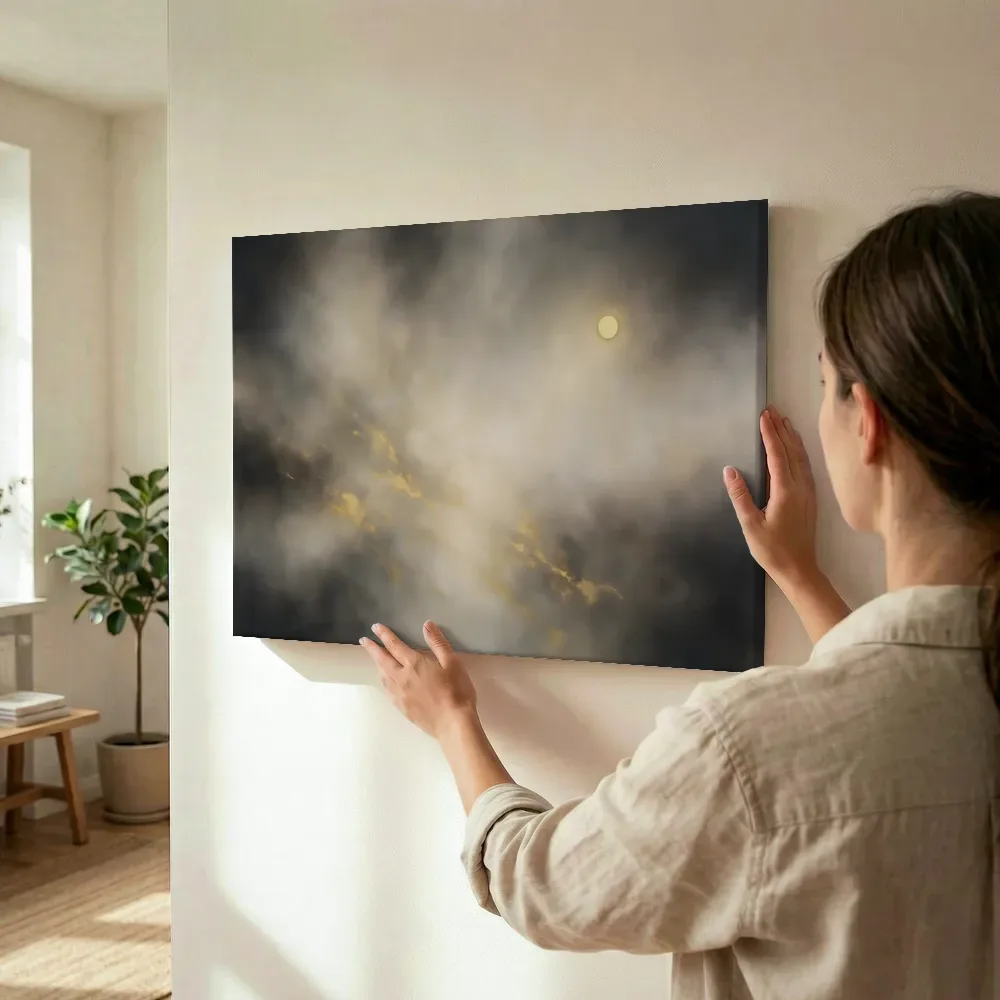 Sfeerimpressie: Kleine Cirkel Nevel in Grafiet en Goud terwijl het wordt opgehangen
