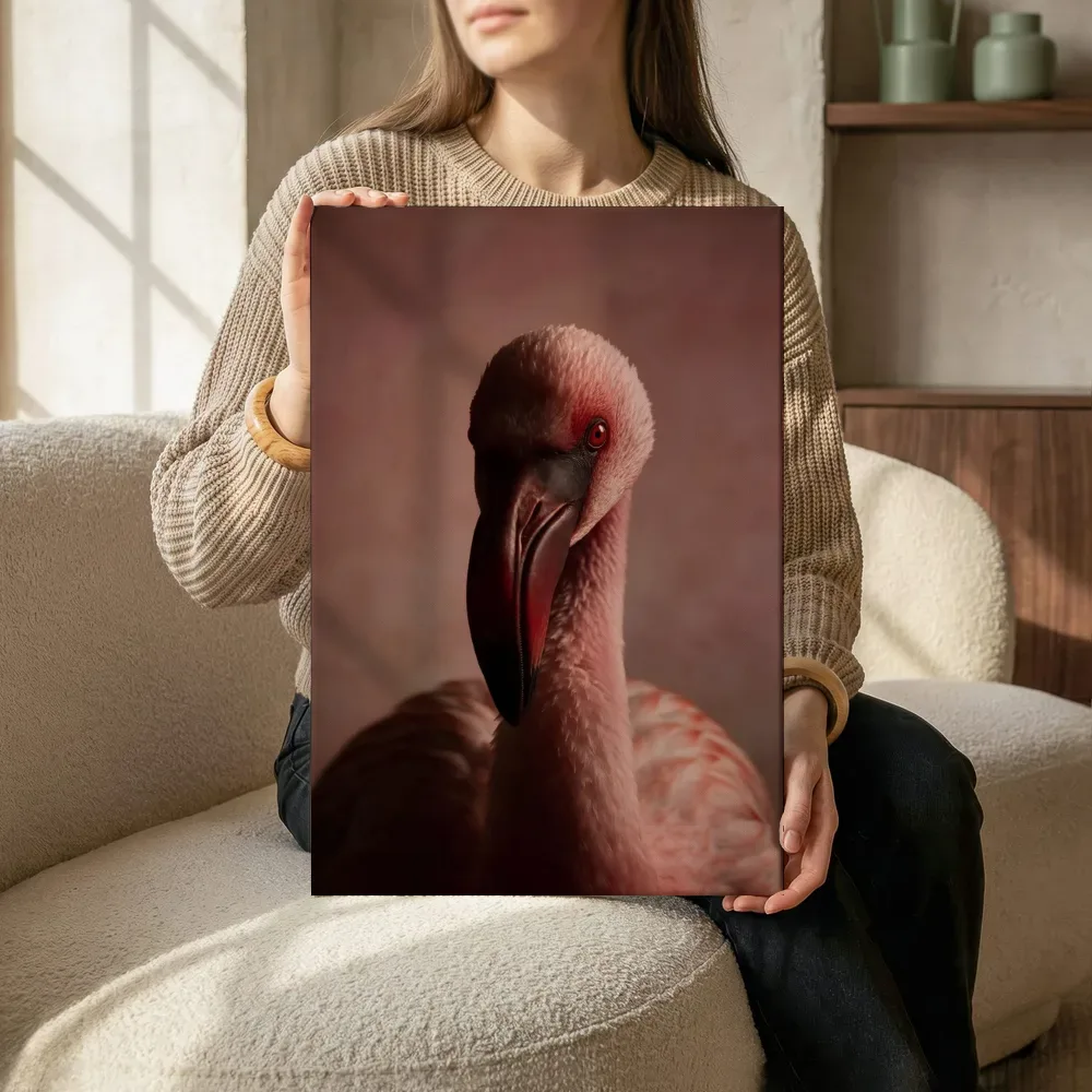 Sfeerimpressie: Kleine Flamingo van voren in oudroze terwijl het zittend wordt getoond