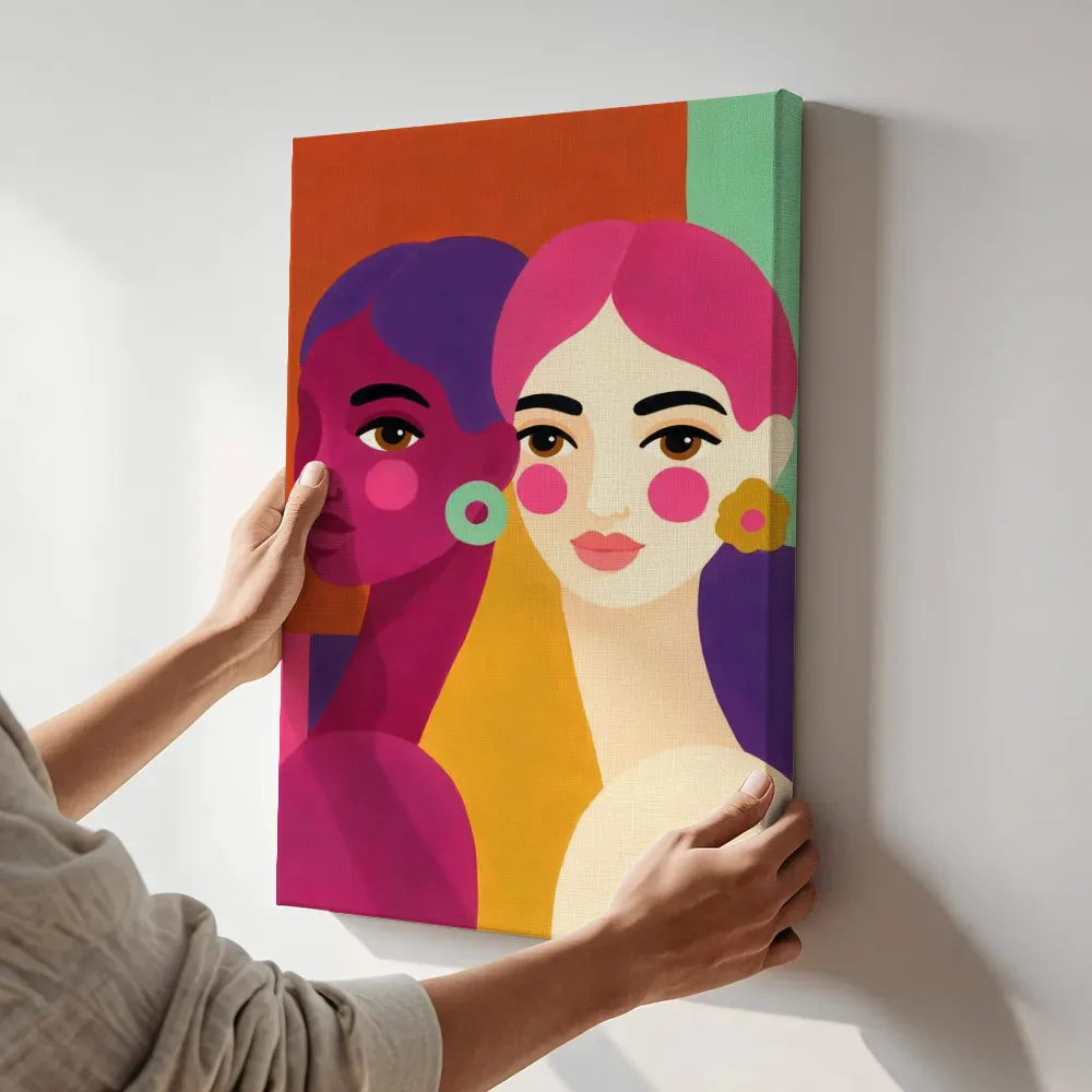Sfeerimpressie: Kleur gezichten kleurrijk in fel magenta terwijl het aan de muur wordt gehangen