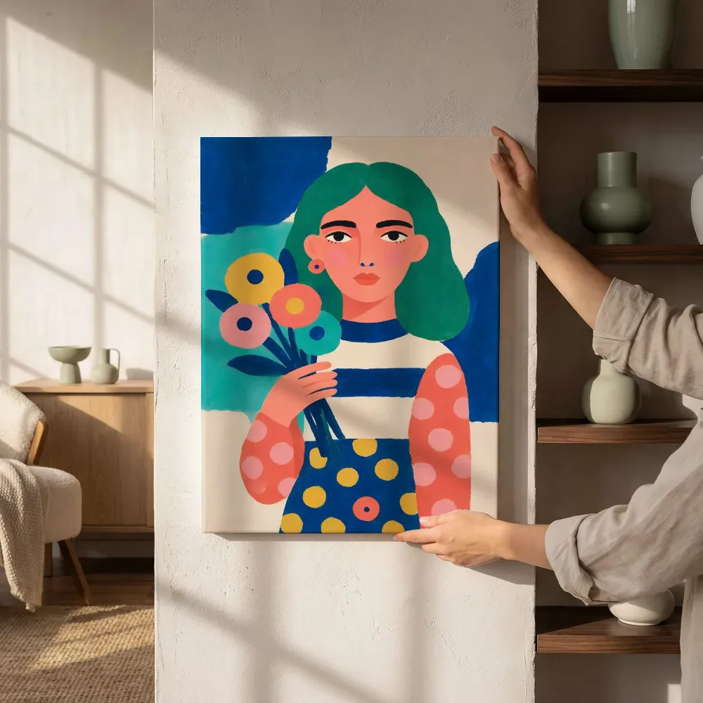Sfeerimpressie: Kleur vrouw bloemen kleurrijk in fel jade naast de kast