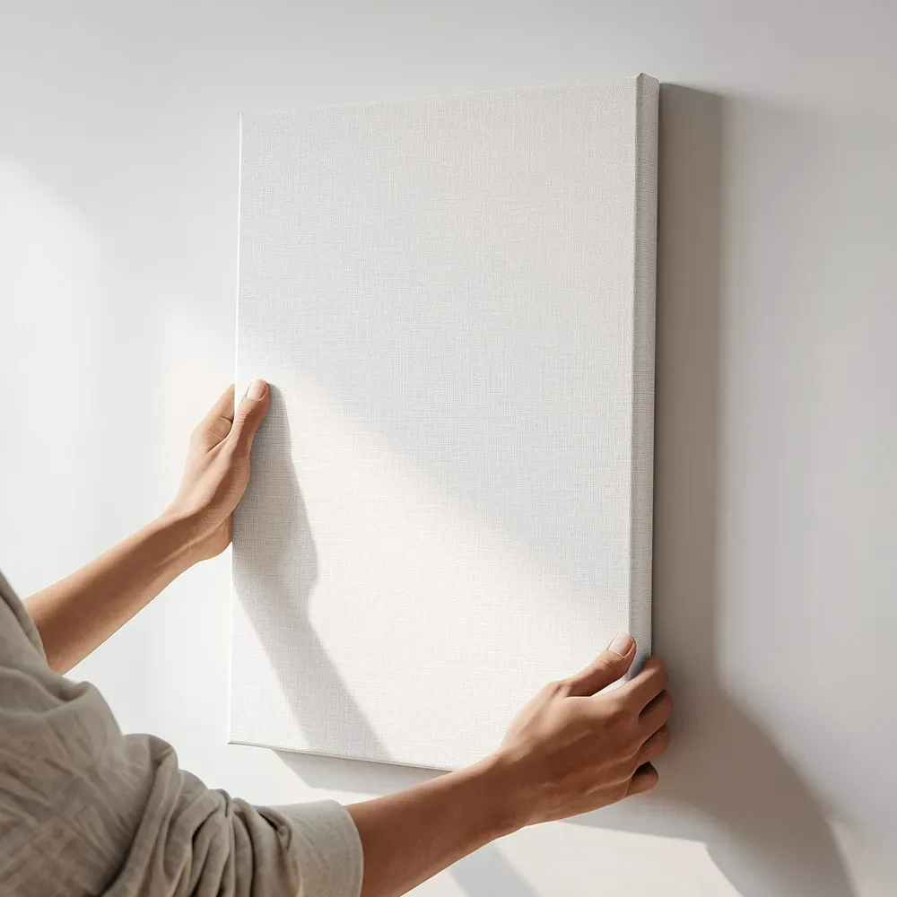 Sfeerimpressie: Kleurblokken abstract met bloesem terwijl het aan de muur wordt gehangen