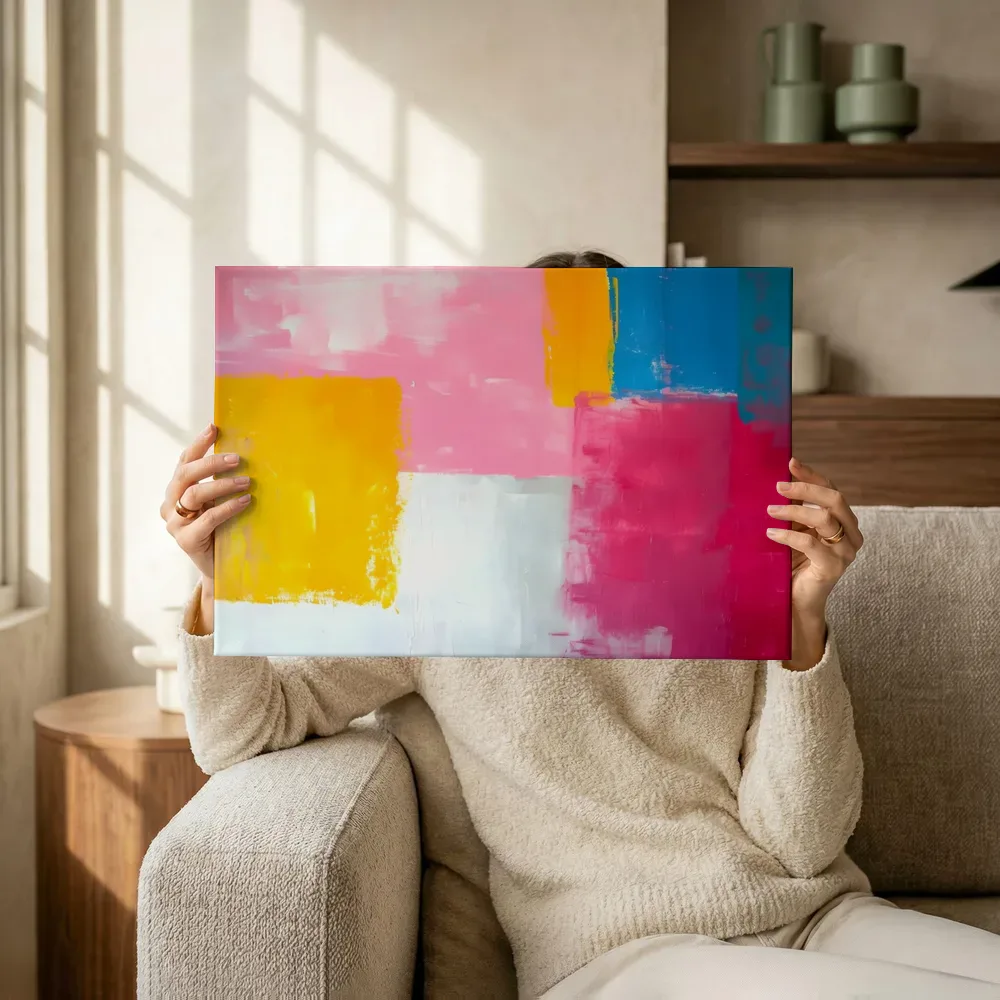 Sfeerimpressie: Kleurblokken in roze en blauw terwijl het omhoog wordt gehouden