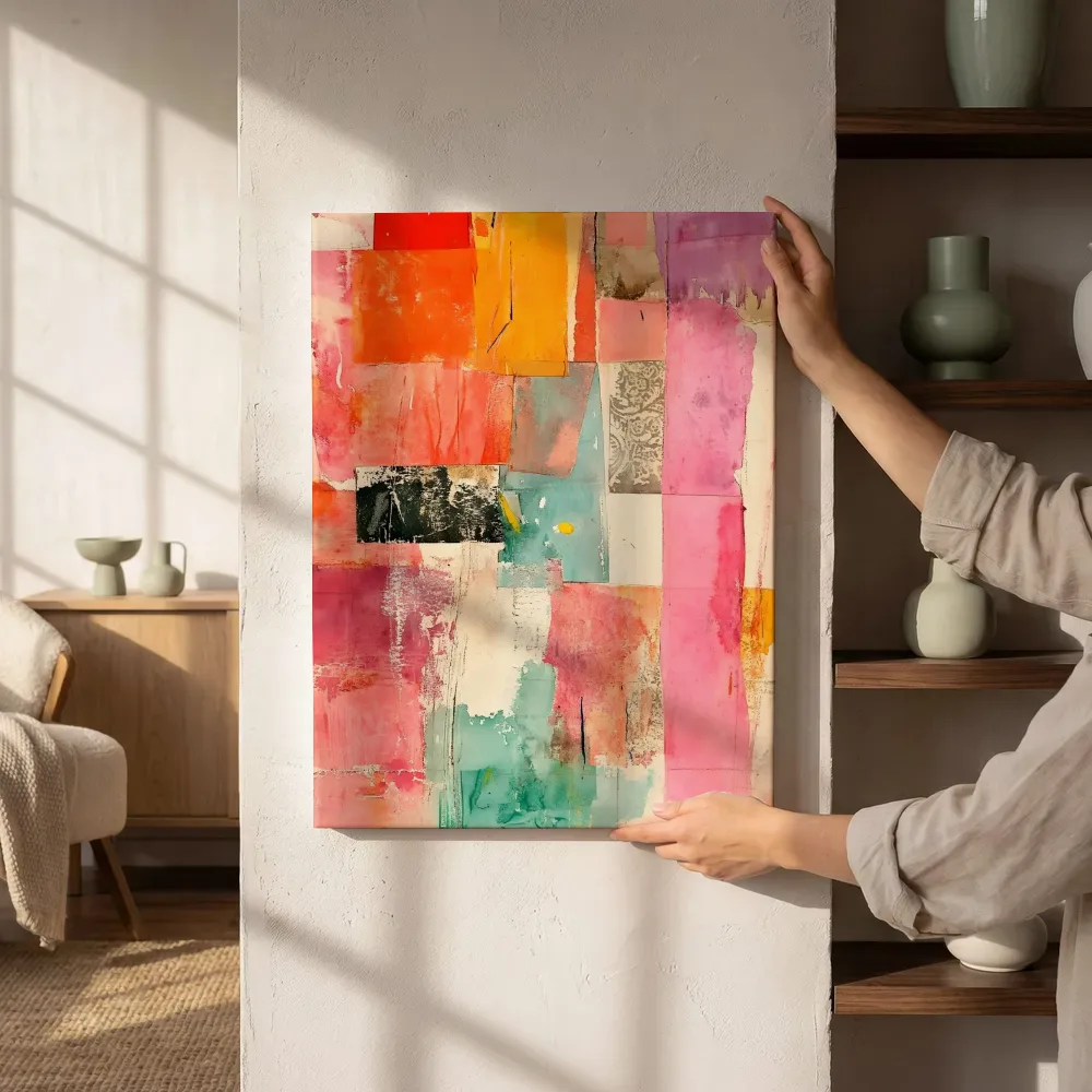 Sfeerimpressie: Kleurblokken mixed media collage naast de kast
