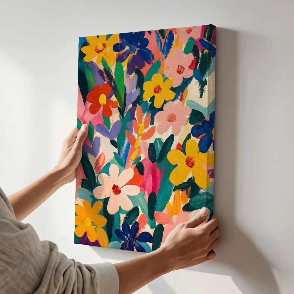 Sfeerimpressie: Kleurrijk abstract bloemenboeket terwijl het aan de muur wordt gehangen