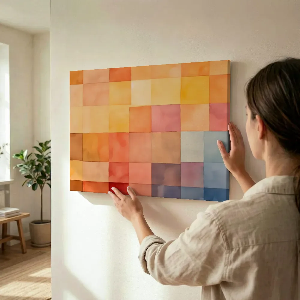 Sfeerimpressie: Kleurrijk aquarel patchwork terwijl het wordt opgehangen
