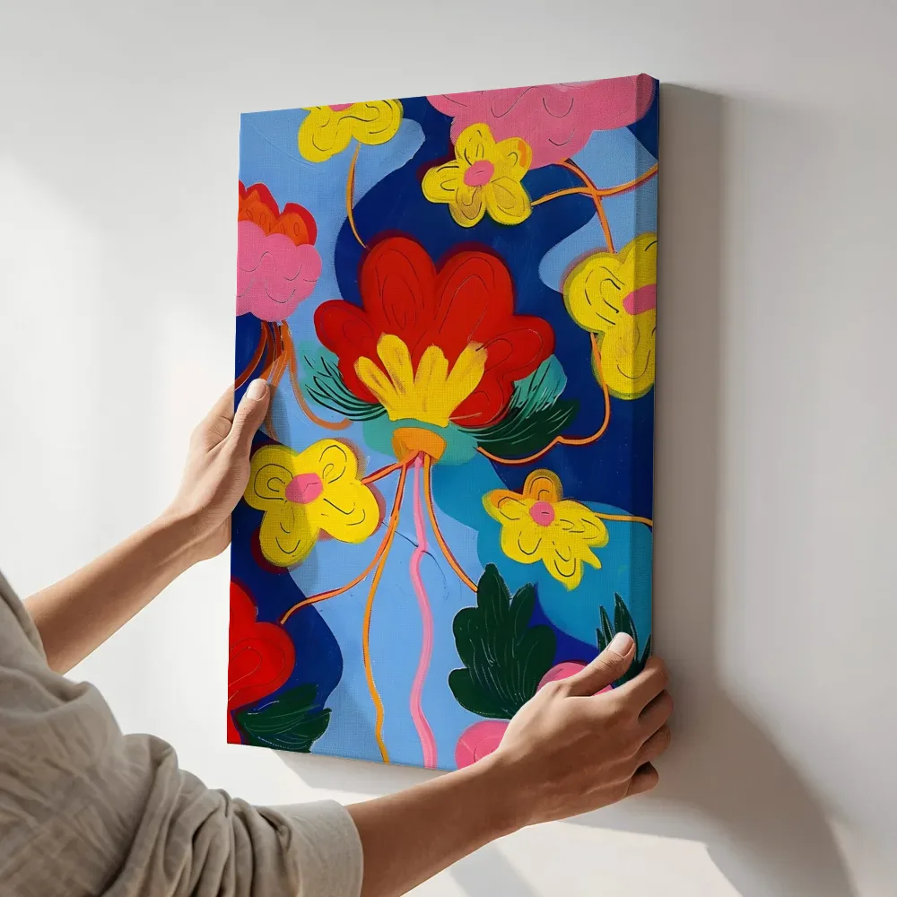 Sfeerimpressie: Kleurrijk bloemenboeket in pop-art stijl terwijl het aan de muur wordt gehangen