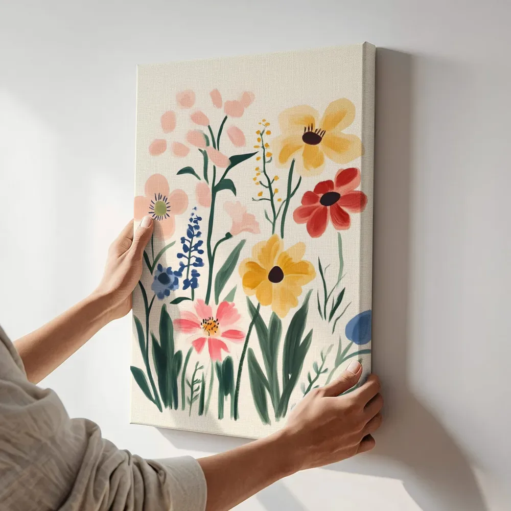 Sfeerimpressie: Kleurrijke bloemen op lichte achtergrond terwijl het aan de muur wordt gehangen