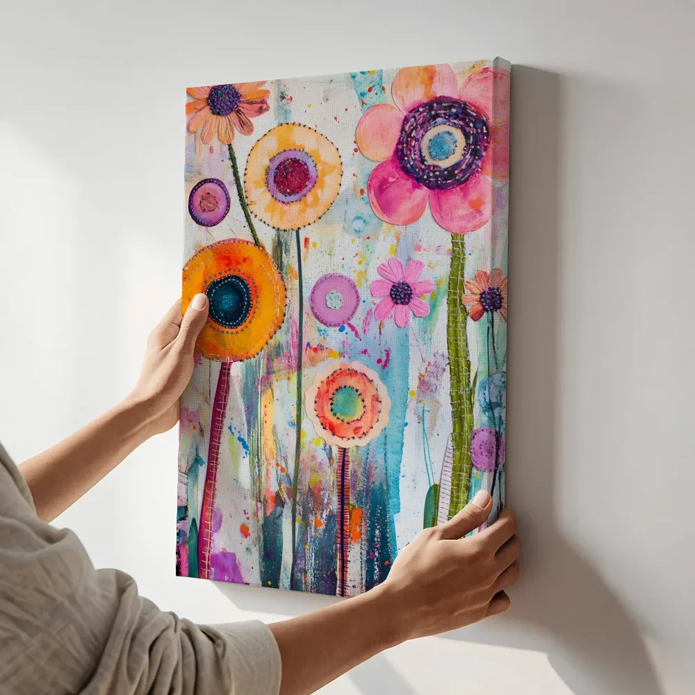 Sfeerimpressie: Kleurrijk bloemenboeket schilderij terwijl het aan de muur wordt gehangen