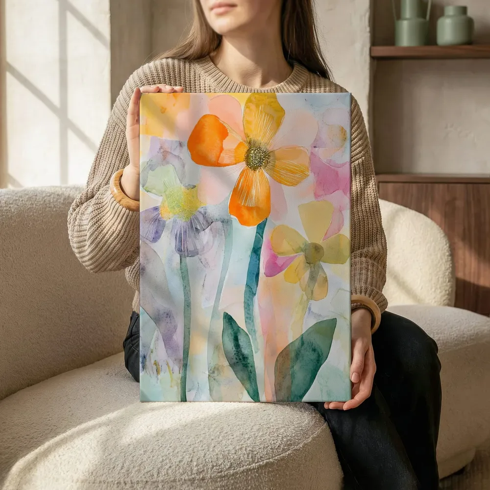 Sfeerimpressie: Kleurrijk bloemenboeket aquarel terwijl het zittend wordt getoond