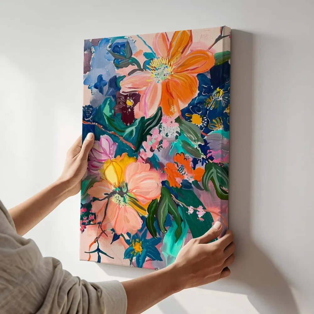 Sfeerimpressie: Kleurrijk bloemenboeket op roze terwijl het aan de muur wordt gehangen
