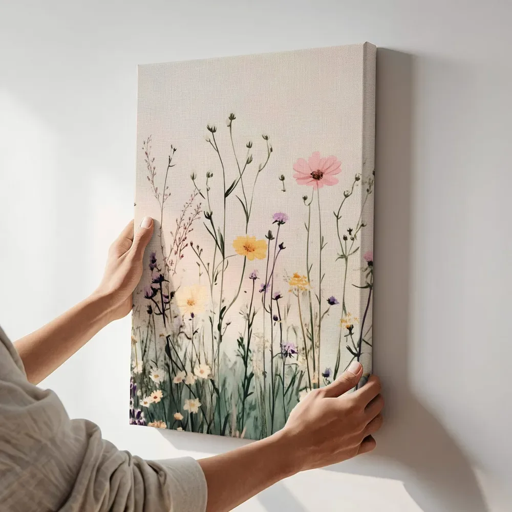 Sfeerimpressie: Kleurrijk bloemenveld in zachte pasteltinten terwijl het aan de muur wordt gehangen