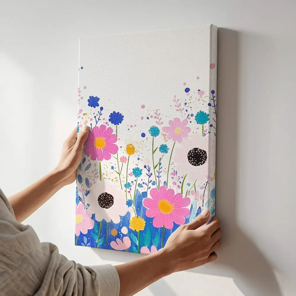 Sfeerimpressie: Kleurrijk bloemenveld terwijl het aan de muur wordt gehangen
