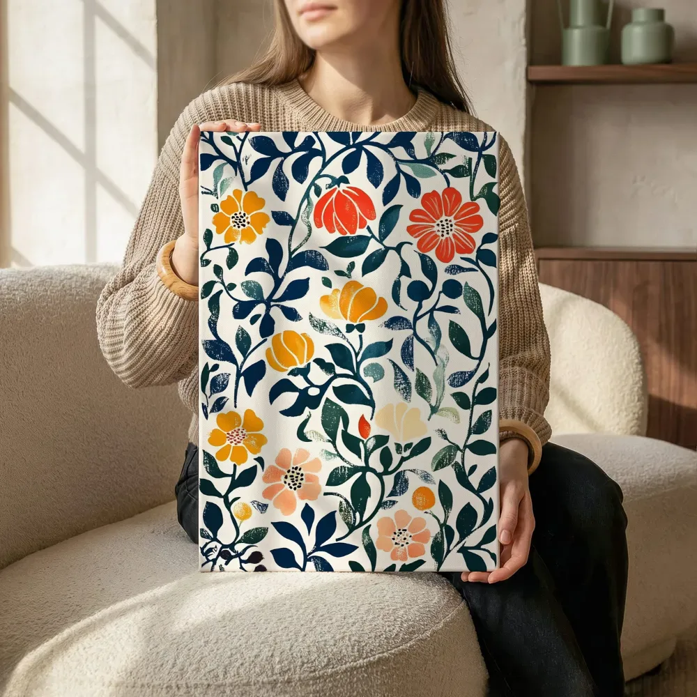Sfeerimpressie: Kleurrijk blokprint bloemenpatroon terwijl het zittend wordt getoond