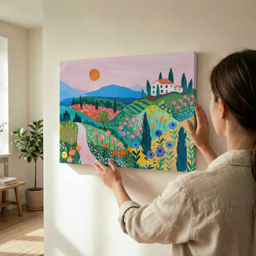 Sfeerimpressie: Kleurrijk Toscaans landschap terwijl het wordt opgehangen