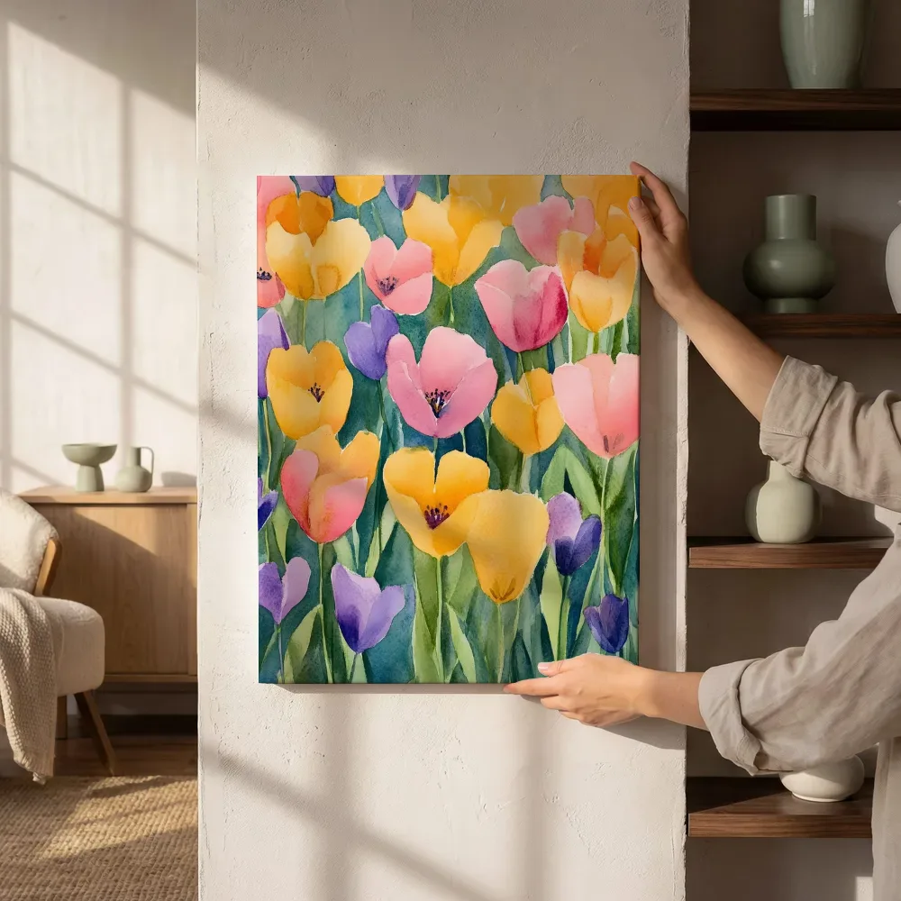 Sfeerimpressie: Kleurrijk tulpenveld schilderij naast de kast