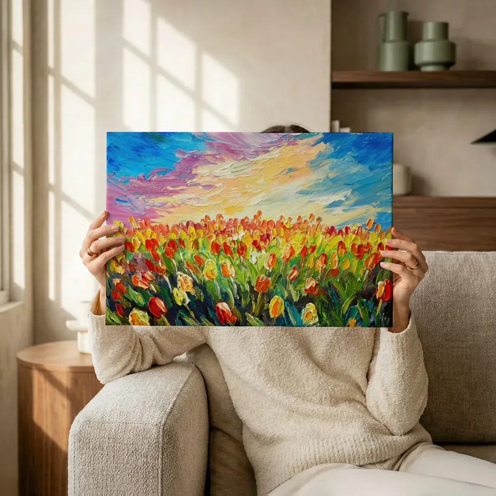 Sfeerimpressie: Kleurrijk tulpenveld onder roze wolken terwijl het omhoog wordt gehouden