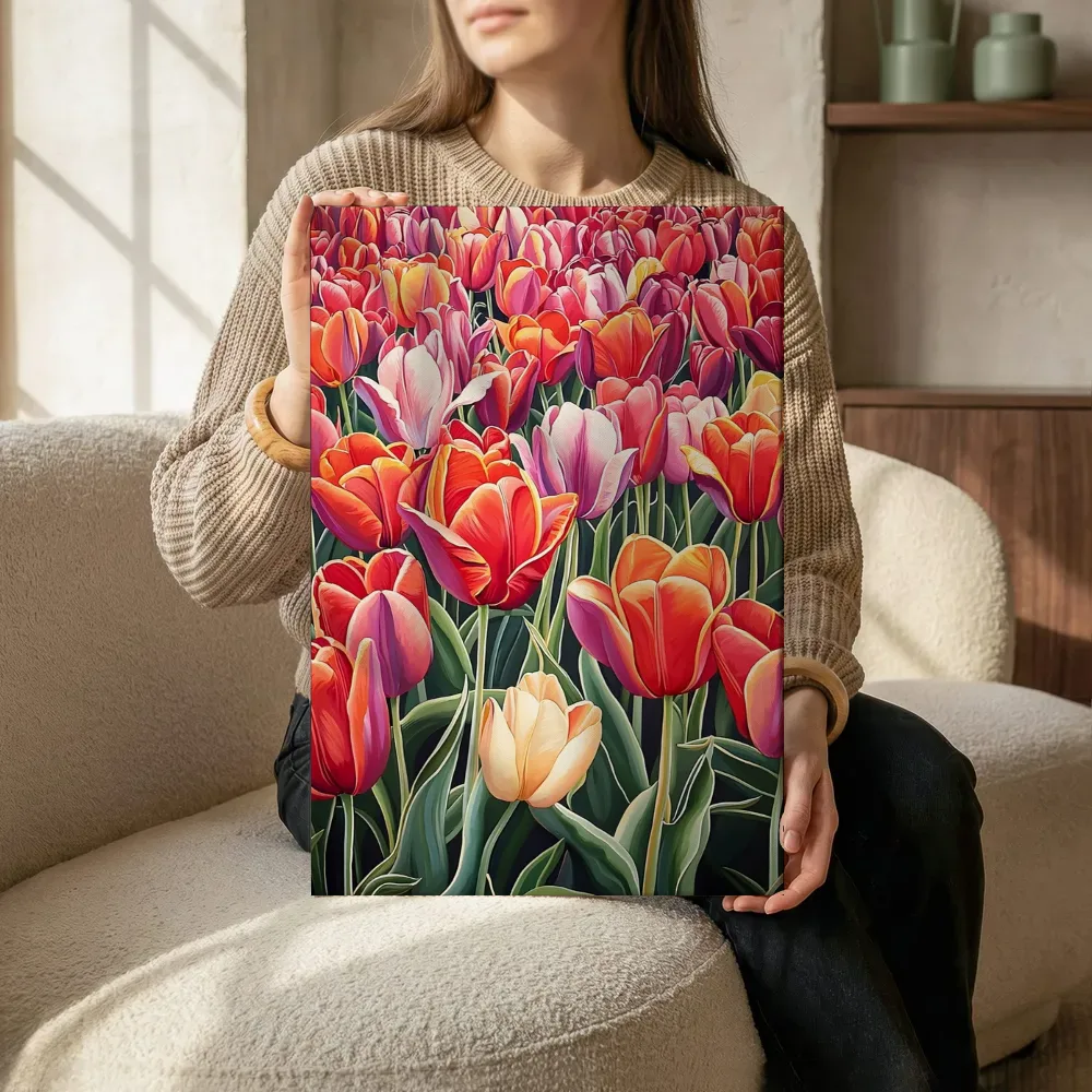 Sfeerimpressie: Kleurrijk tulpenveld terwijl het zittend wordt getoond