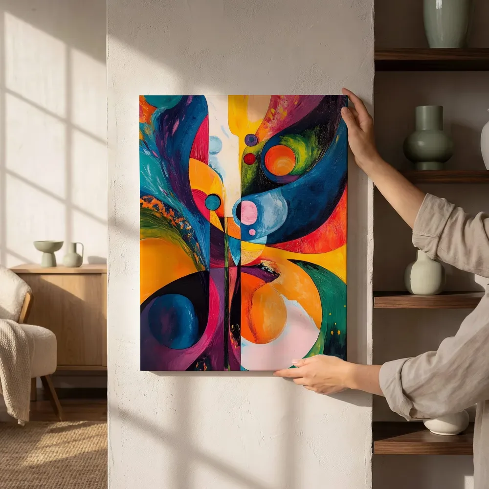 Sfeerimpressie: Kleurrijke abstracte compositie met organische vormen naast de kast