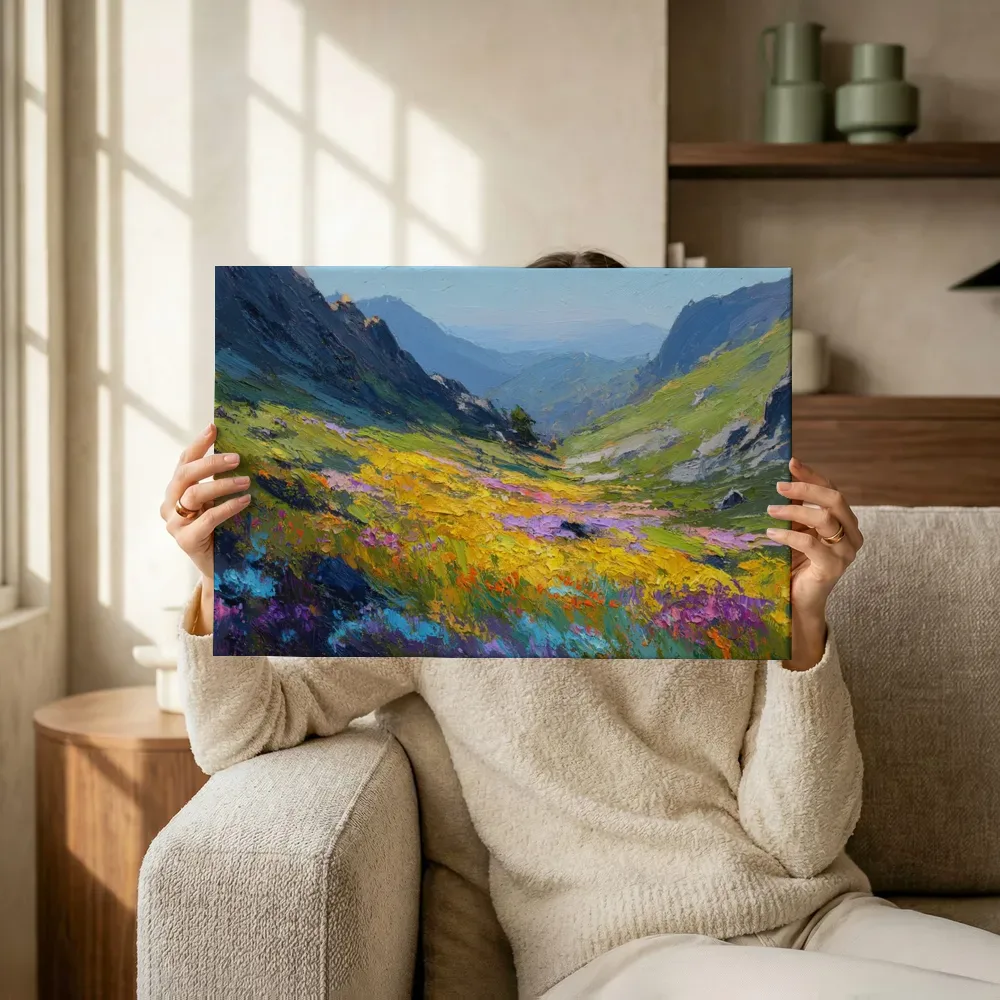 Sfeerimpressie: Kleurrijke alpenweide met regenboogbloemen terwijl het omhoog wordt gehouden