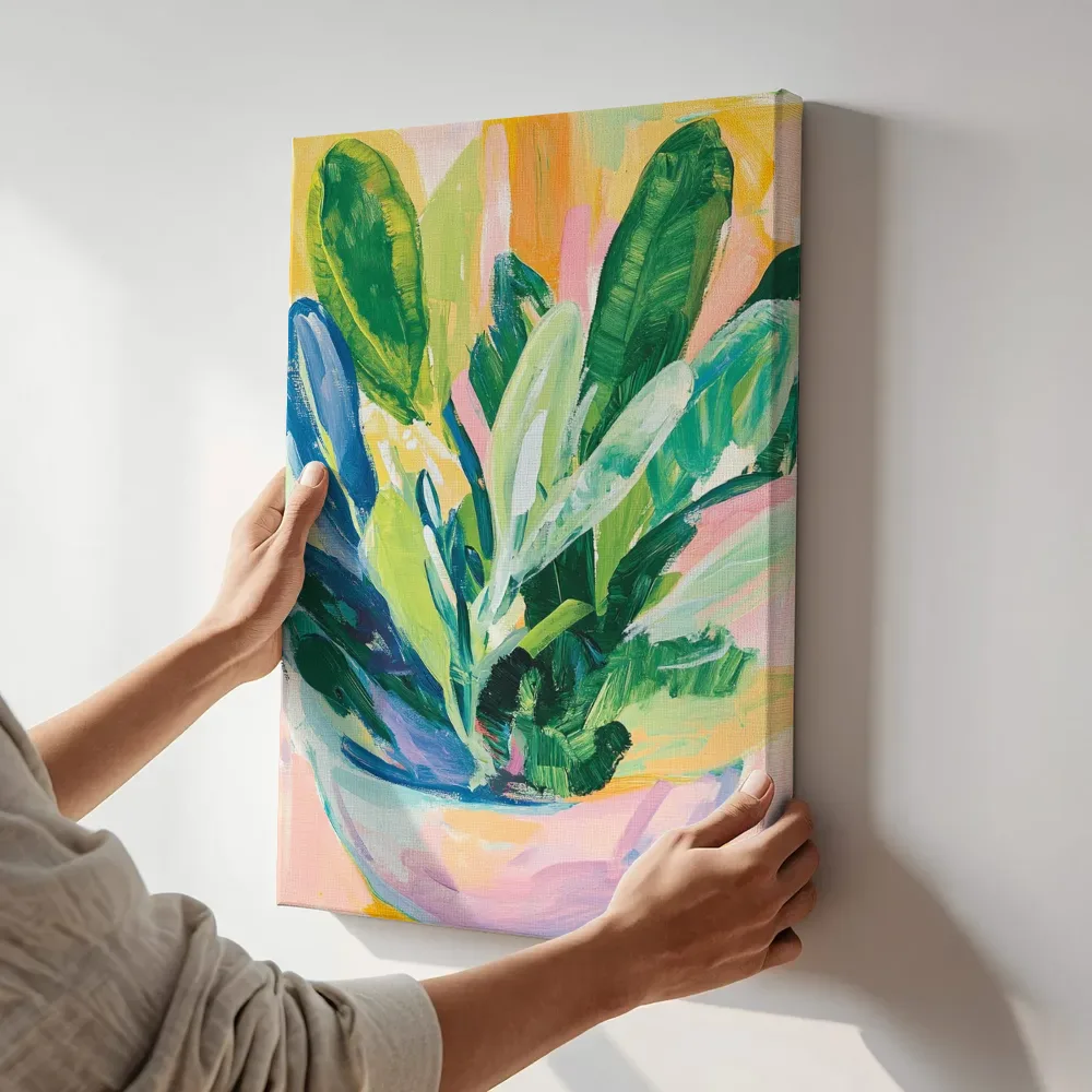 Sfeerimpressie: Kleurrijke bladplant in pot terwijl het aan de muur wordt gehangen