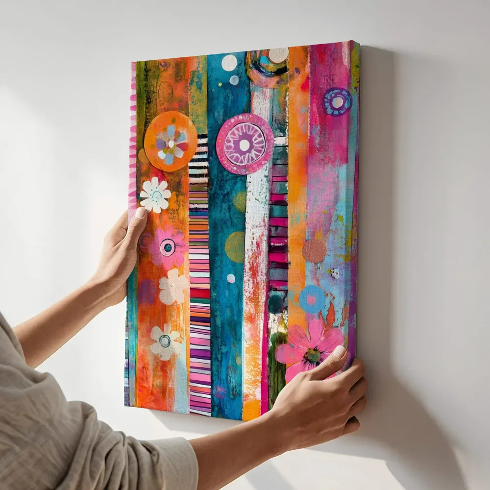 Sfeerimpressie: Kleurrijke bloemen collage terwijl het aan de muur wordt gehangen