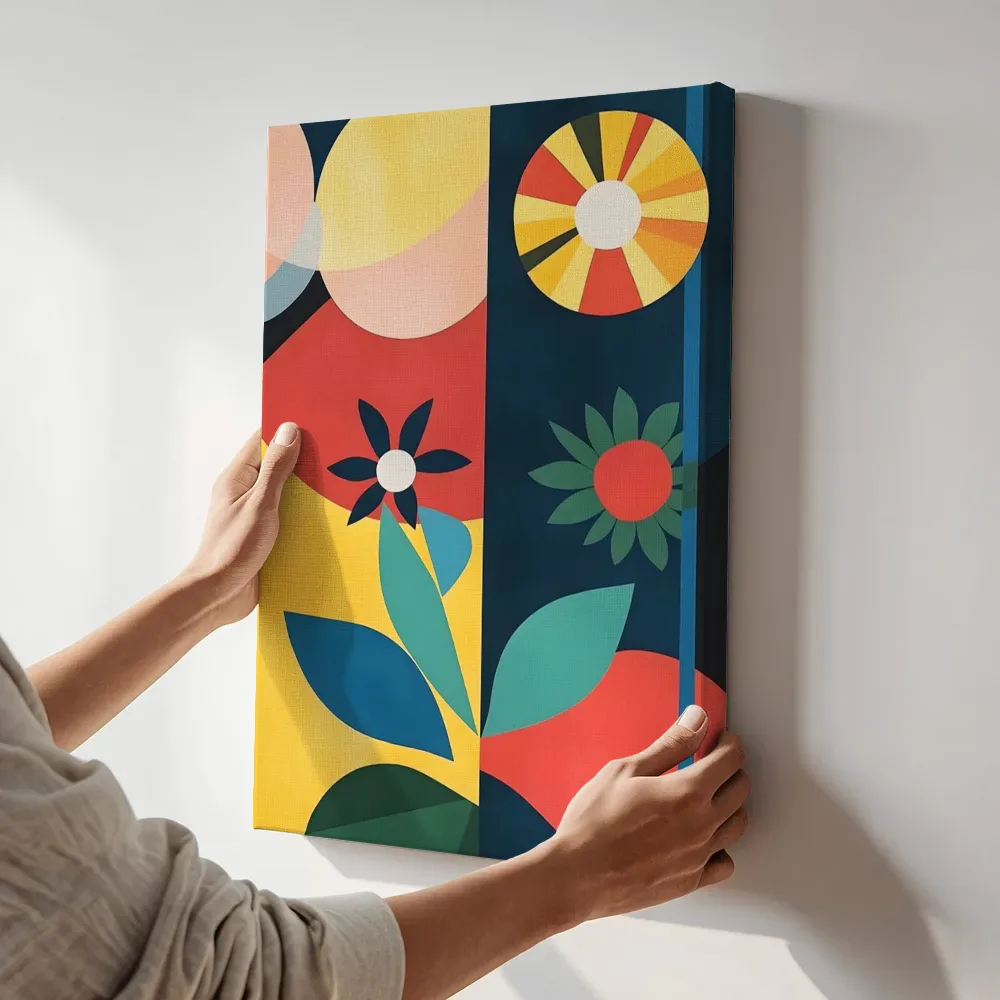 Sfeerimpressie: Kleurrijke bloemen op marineblauwe achtergrond terwijl het aan de muur wordt gehangen