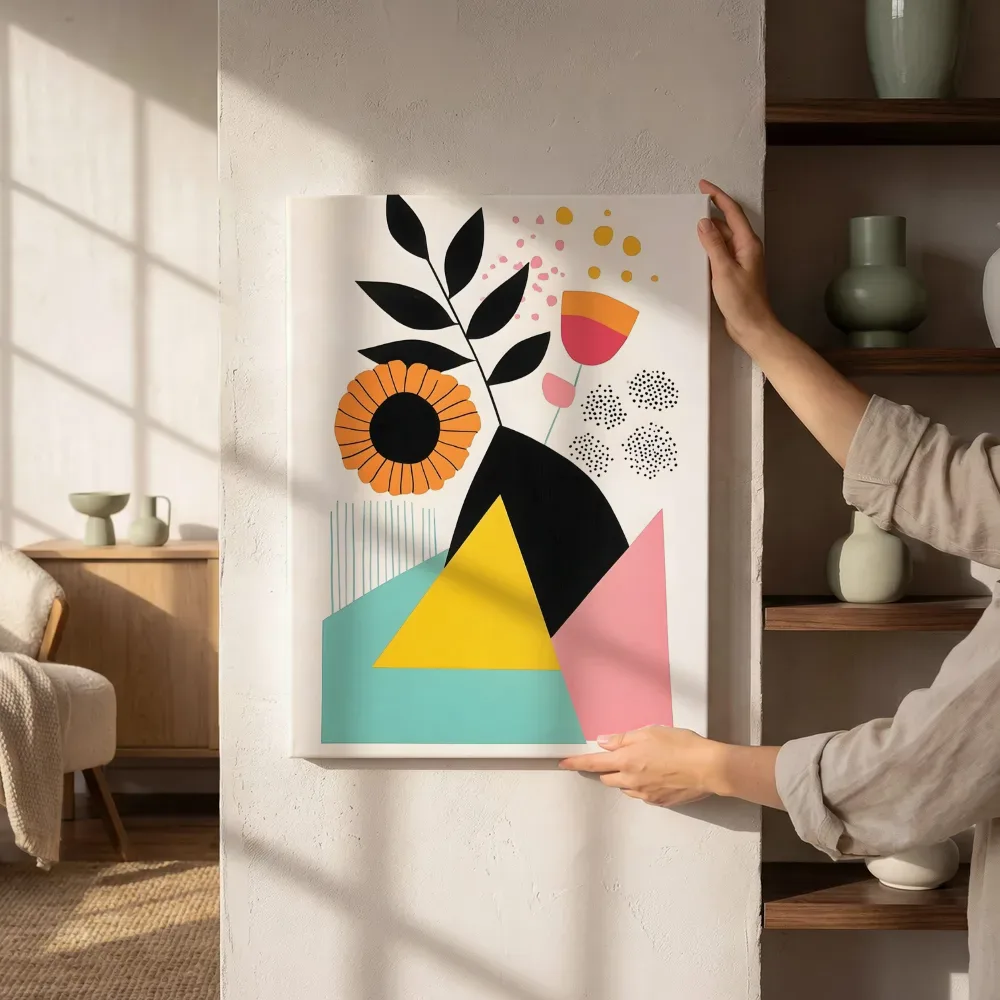 Sfeerimpressie: Kleurrijke bloemencollage in geometrische vlakken terwijl het aan de muur wordt gehangen