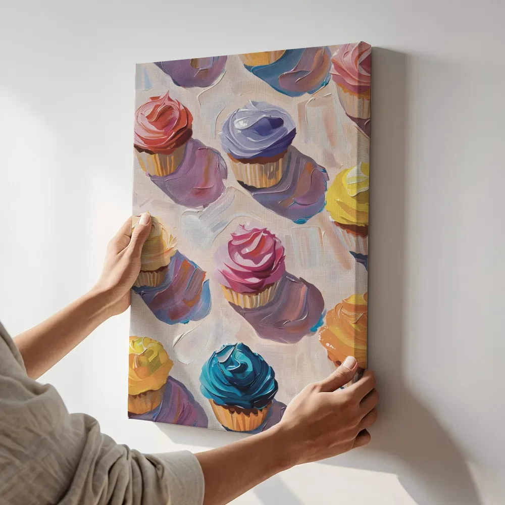 Sfeerimpressie: Kleurrijke cupcakes terwijl het aan de muur wordt gehangen