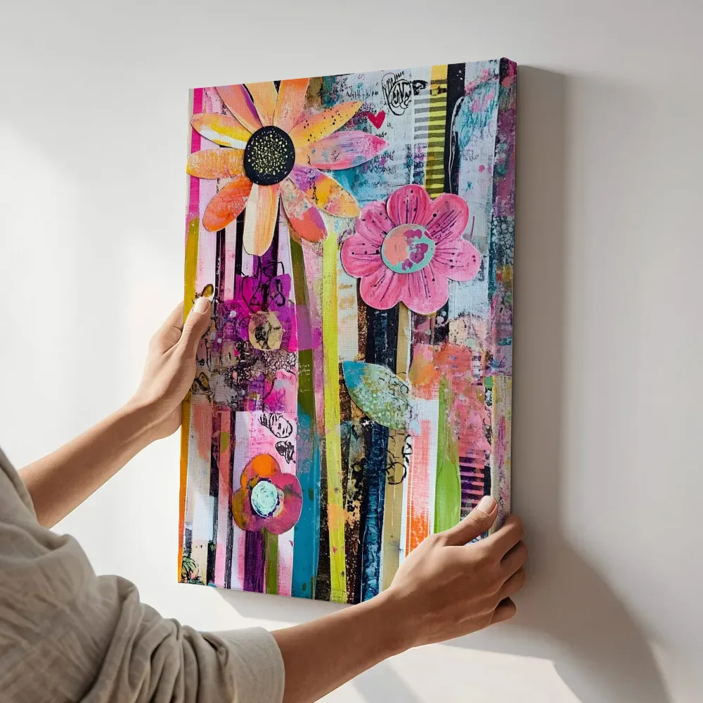 Sfeerimpressie: Kleurrijke daisy collage terwijl het aan de muur wordt gehangen