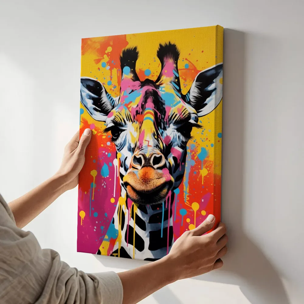 Sfeerimpressie: Kleurrijke giraffe terwijl het aan de muur wordt gehangen